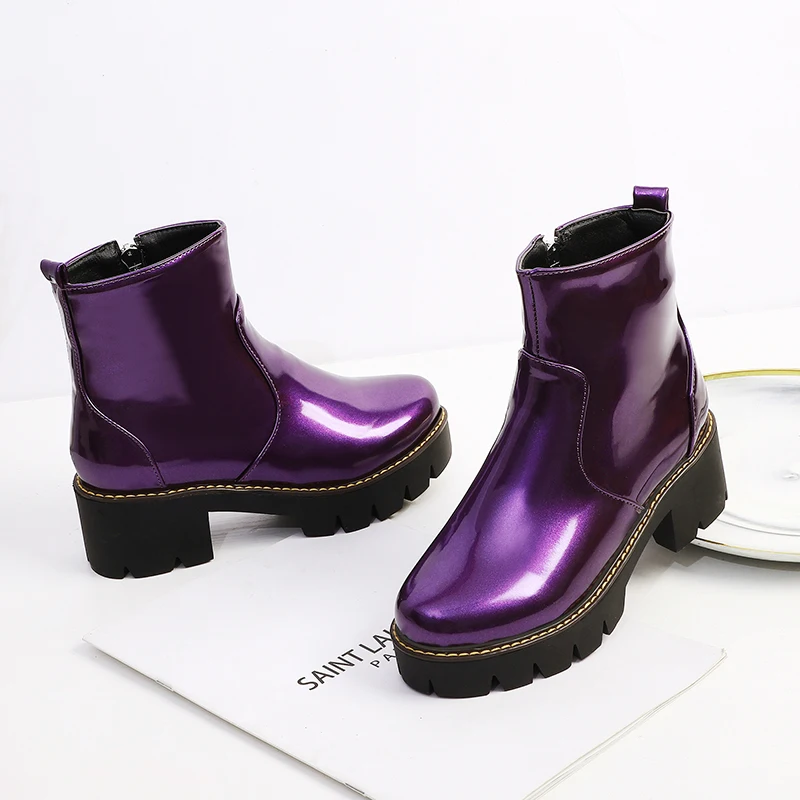 

punk platform fashion purple yellow black Patent leather ankle boots mid heels women's shoes 32-43-2020