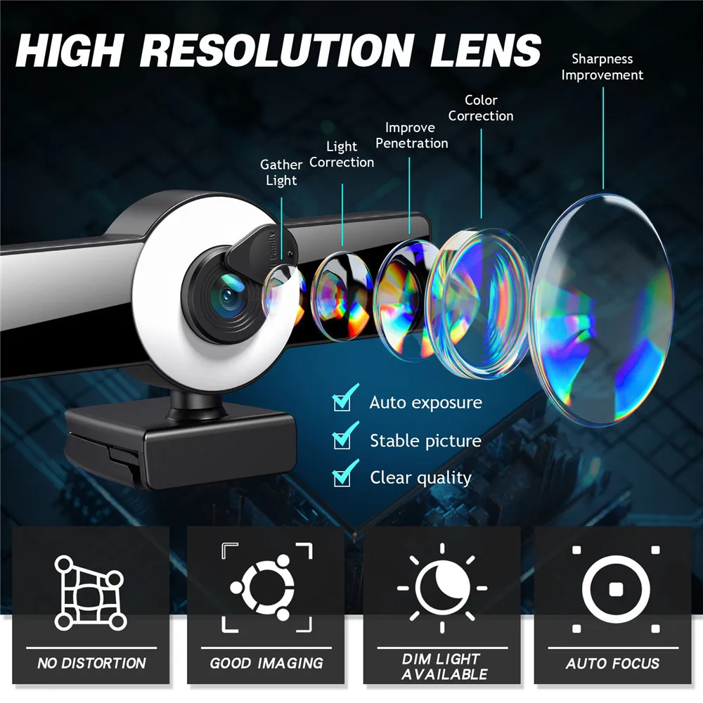

4K Webcam Ring Lights Full HD ip Camera For PC Laptop USB Webcam With Microphone Autofocus Web Camera For Youtube Live Broadcast