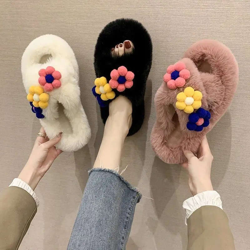 2021 Autumn Winter New Home Slippers Flowers and Fur Slippers Women's Outer Wear Thick-soled Indoor Non-slip Cotton Slippers