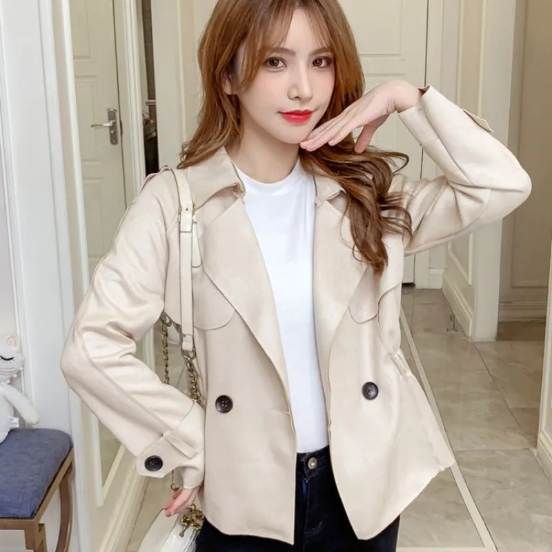 

Women Short Windbreakers Coat Office Ladies Elegant Slim Fit Double Breasted Jackets Autumn Lapel Long Sleeve Tops Female Jacket