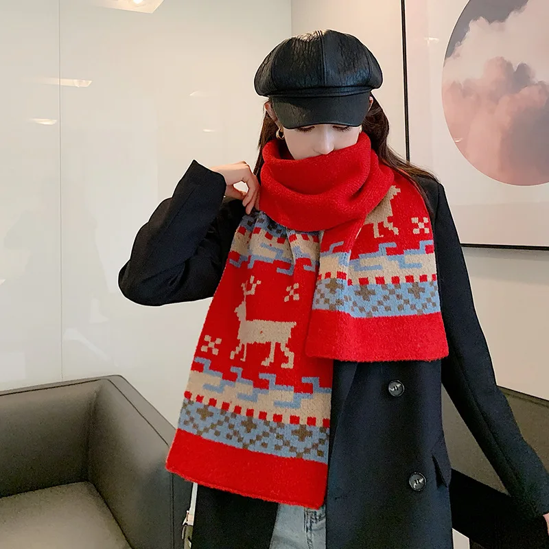 

winter 2020 new Christmas elk thickened warm women's scarf elk pattern knitting wool scarf windproof long shawl Festival scarf