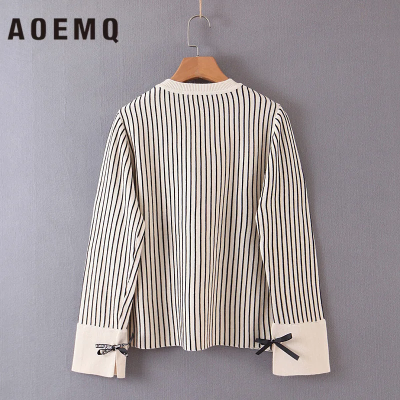 AOEMQ Sweaters Shirts Black Striped Simple Shirt Bow-Sweater Loose Coffee Office Lady Wear Winter Sweater Women Clothing | Женская