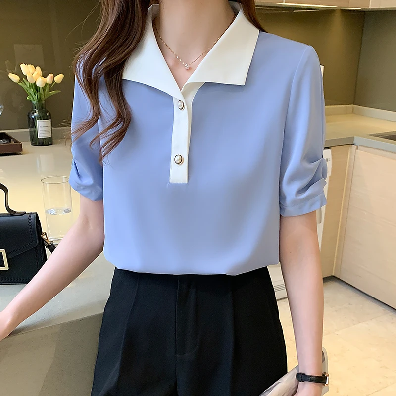 

Модные однотонные повседневные женские рубашки для женщин свободного кроя с короткими рукавами блузки в Корейском стиле 2021 женская верхня...