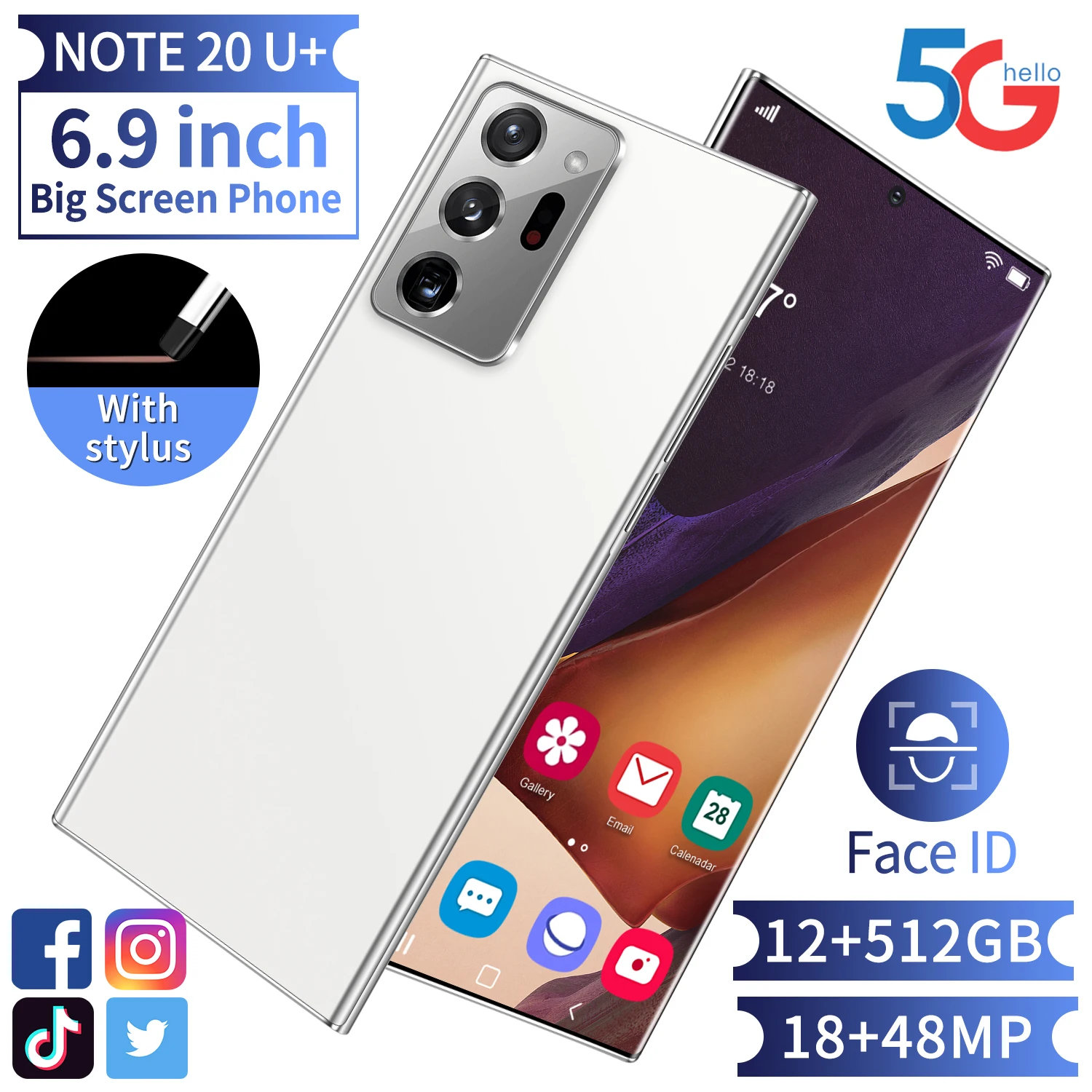 

GALAXY NOTE 20U+ Smart Phone 6.9" Big Screen 5000mAh Face ID Fingerprint ID SANSUMG 5G NFC Smartphone With Stylus Newest Phone