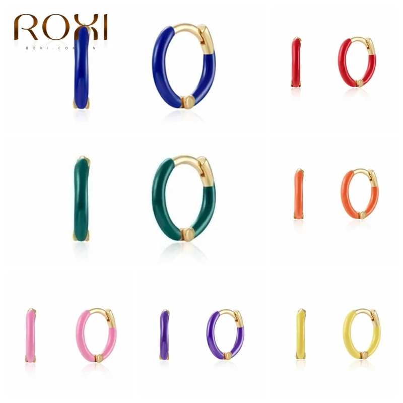 

ROXI 925 Серебряные женские круглые серьги с разноцветной эмалью круга Huggie ухо пирсинг кольцо серьги ювелирные изделия аксессуары Pendientes
