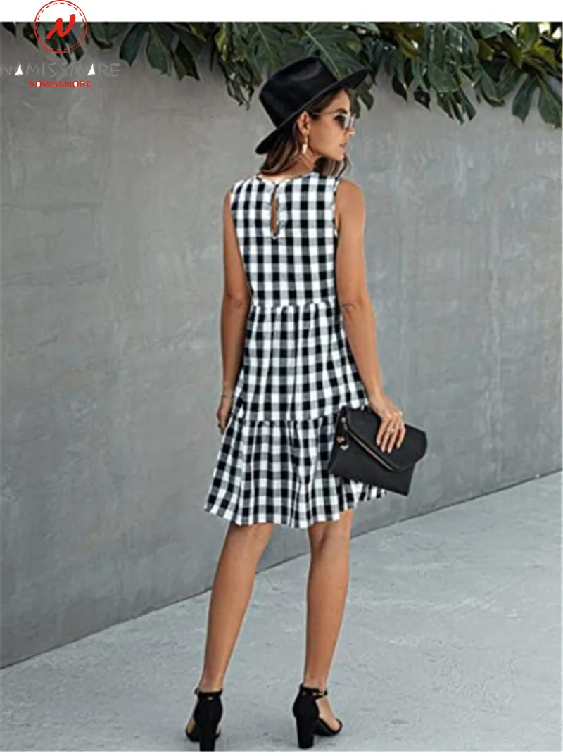 

Women Summer Plaid Print A-Line Dress Hollow Out Design Zipper Pockets Decor O-Neck Sleeveless High Waist Slim Mini Dress