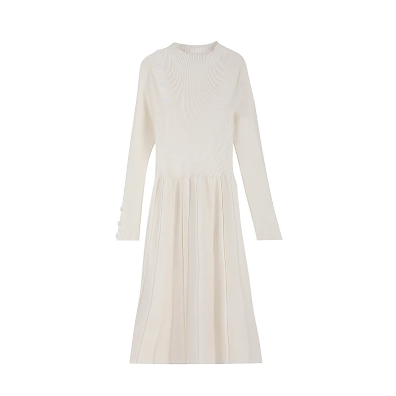 

New Elegant Women Autumn/Winter White Knit Dress Base Thickened Knee-over Maxi Sweater Dresses