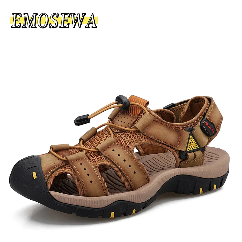 

EMOSEWA Brand Men's Outdoor Trekking Sandals Summer Breathable Flat Light Fashion Beach Shoes Genuine Leather Luxury Men Sandals