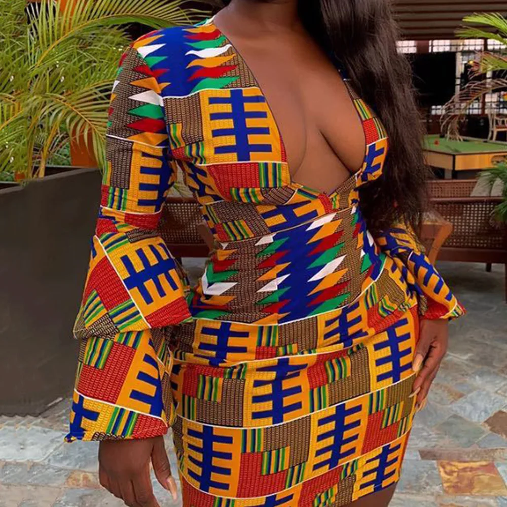 

deep v neck tunic sexy dress ethnic african women rich bazin print flare long sleeve spring vestidos night club party mini dress