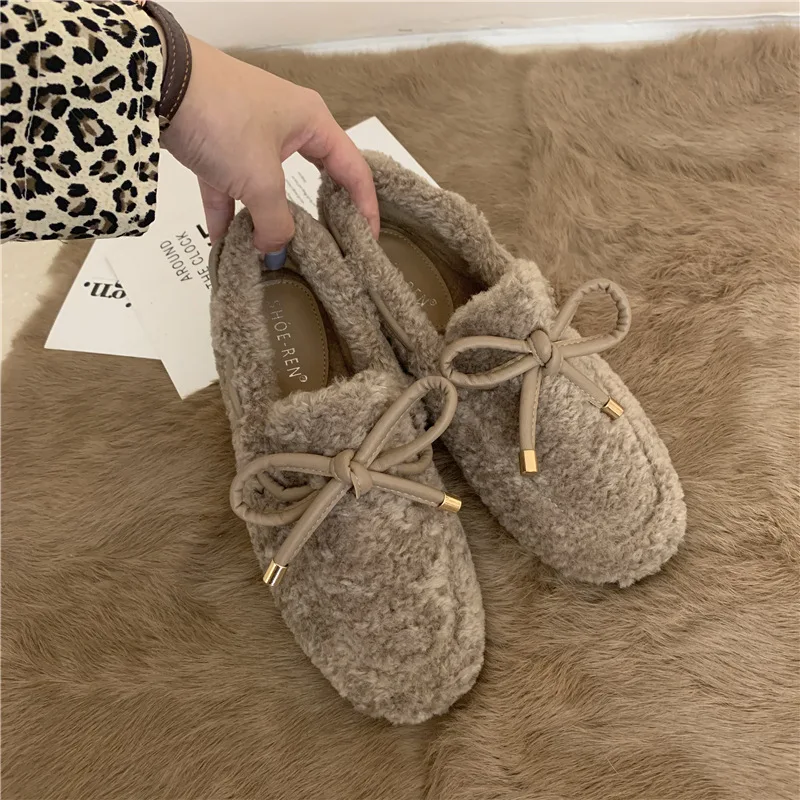 

Women Round Toe Shallow Mouth Female Shoes Casual Sneaker All-Match Loafers Fur Slip-on Winter New Dress Comfortable Slip On