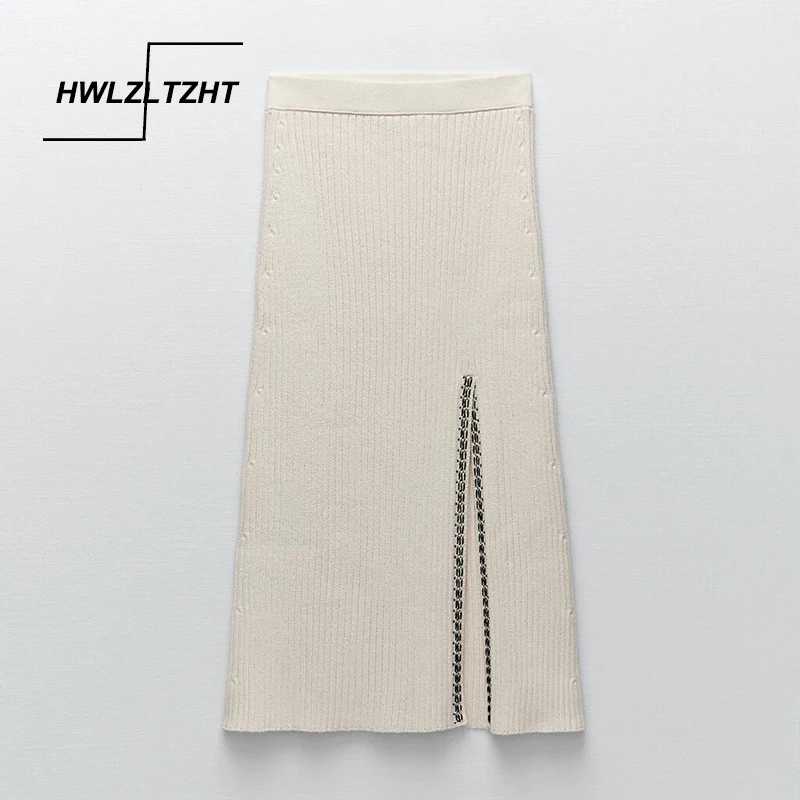 

Вязаная длинная юбка HWLZLTZHT 2021, женская бежевая юбка с высокой талией, женские осенние винтажные Юбки-миди для женщин, юбка с разрезом Y2K