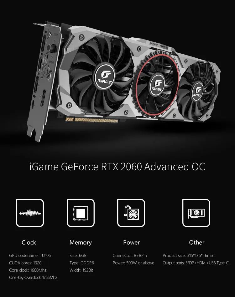 IGame серия GeForce RTX 2060 6GB GDDR6 3* DP+ HDMI+ USB-C RGB светильник