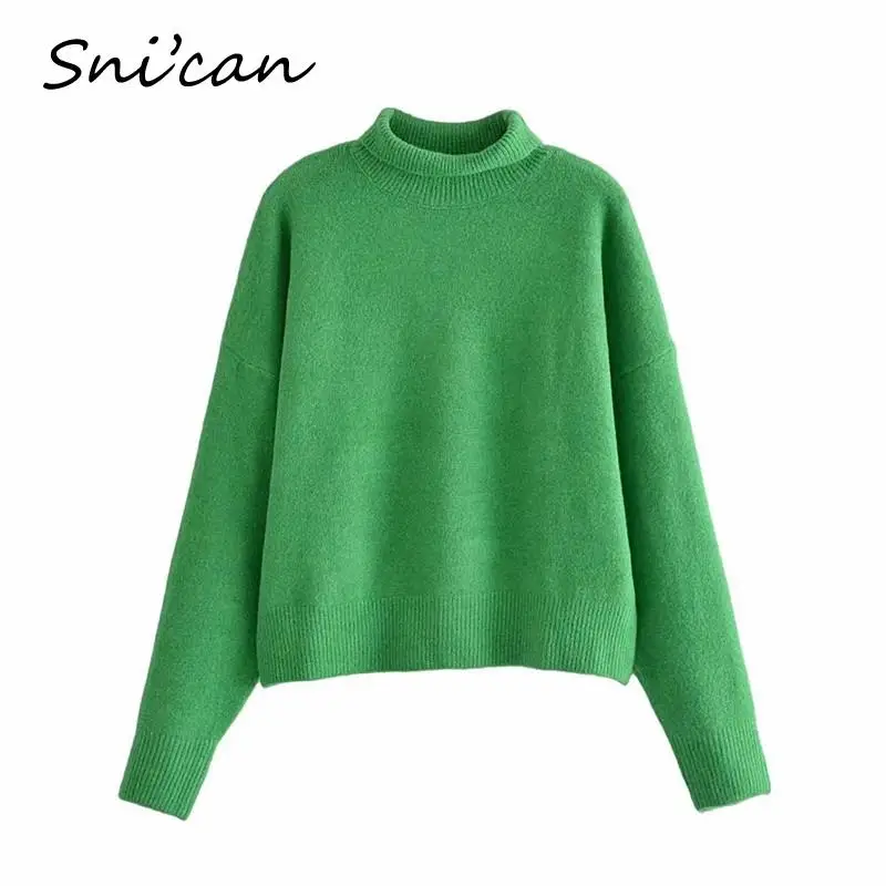 Женский трикотажный свитер Za зеленый однотонный Свободный пуловер с высоким
