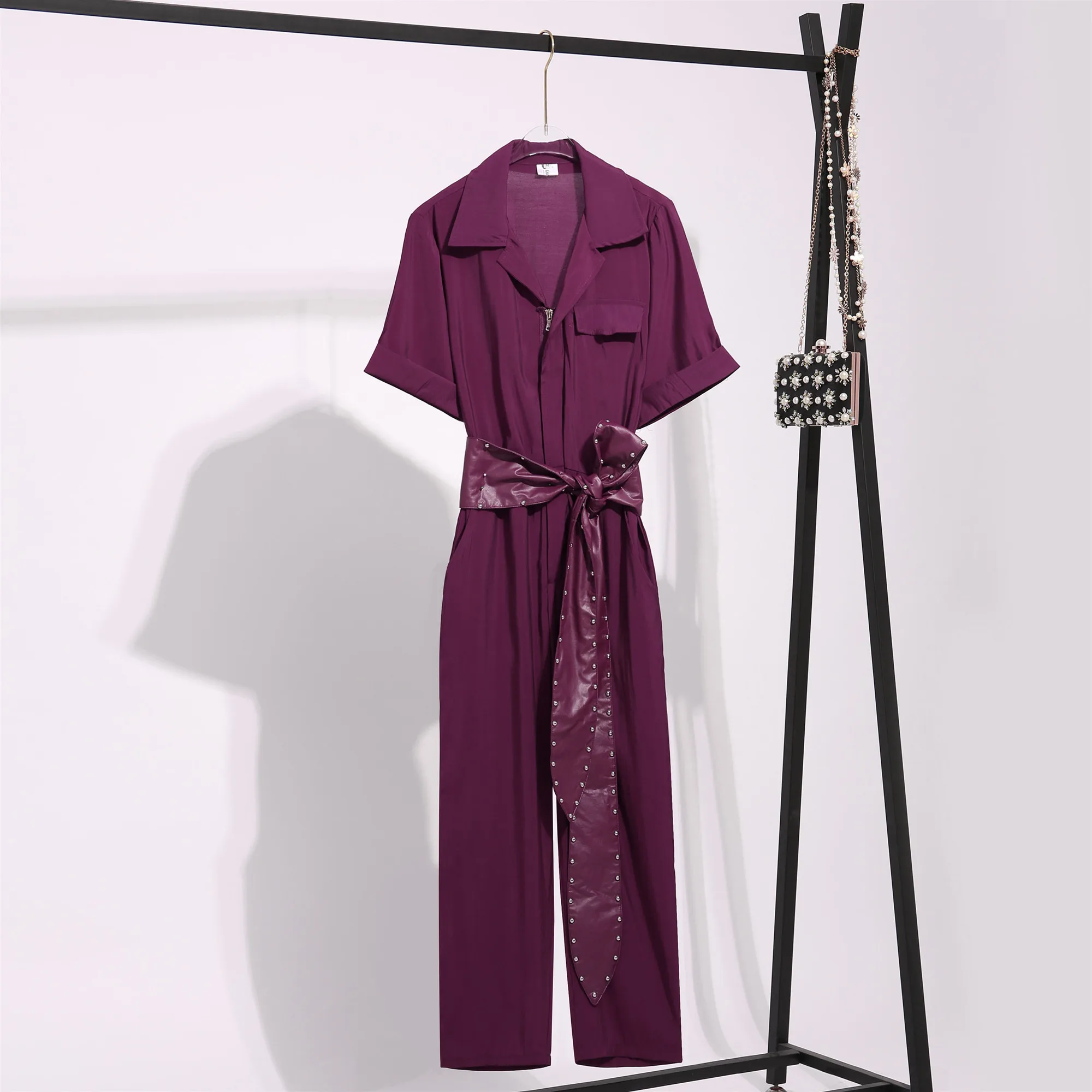 

Women's Summer Women's Loose-Fit High-Waist Short-Sleeve Shirt Tooling Purple Short-Sleeve Jumpsuit One-Piece Siamese trousers