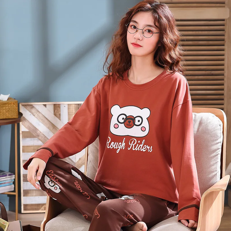 Style 2010 Пижамный комплект, Женский хлопковый весенне-осенний костюм из двух предметов с длинными рукавами, большие размеры, зимние студенческие милые брюки и топ, одежда для сна - Цвет: Style 2010