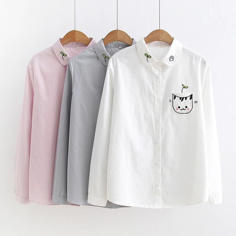 Женские блузки с длинным рукавом 100% algodão dos desenhos animados gato branco topos menina blusas