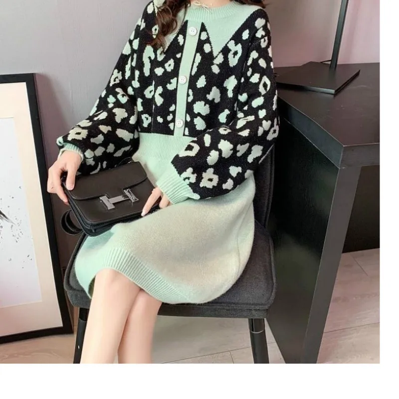 

2021 Spring Autumn Sweater Knitting Skirt Set Pink Leopard Print Pullovers Sweater Skirt 2 Piece Set Women Knitted Suit Y250