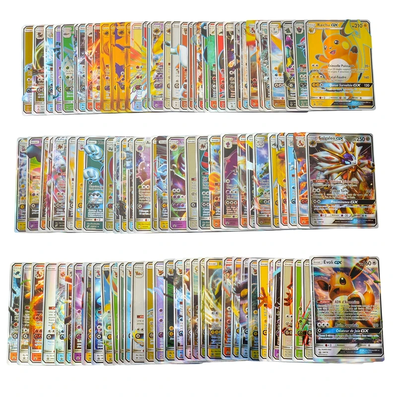 Juego de cartas de Pok&eacute;mon franc&eacute;s para ni&ntilde;os, juguete de cartas de Pikachu hologr&aacute;fico de energ&iacute;a, entrenador de equipo GX EX V VMAX, regalo de cumplea&ntilde;os, 100 Uds.-3