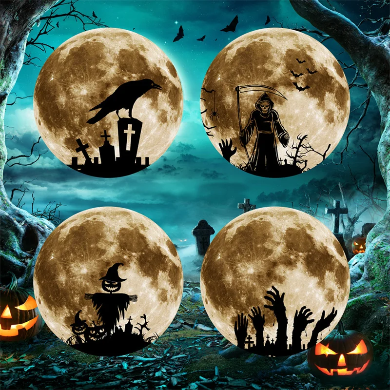 

30cm Halloween Decoration Moon Fluorescent Stickers Crow Death Ghost Hand Pumpkin Luminous Moon Festival Window Decoration