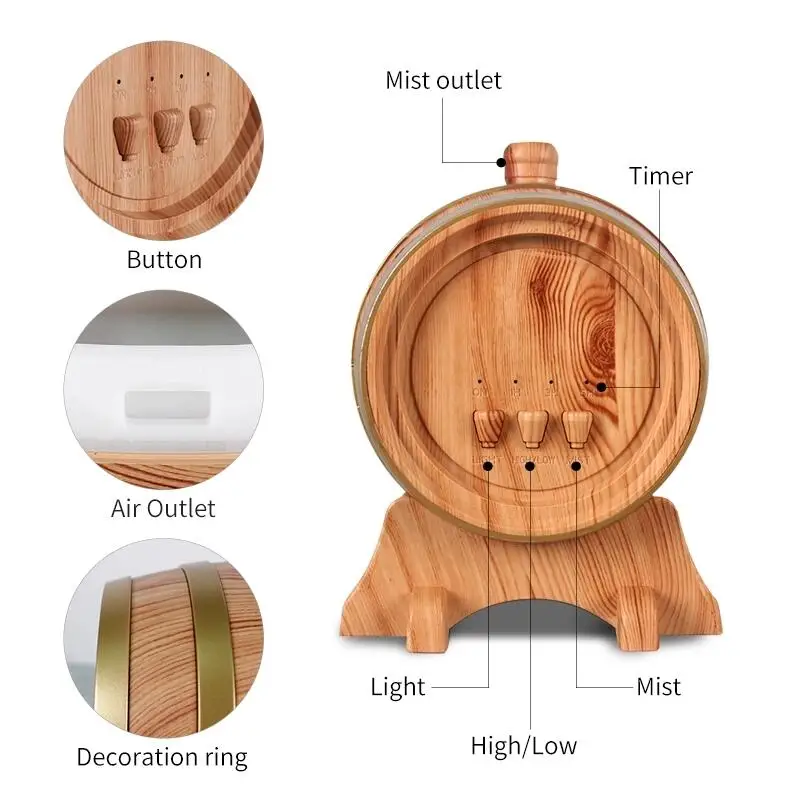 

350ML Air Humidifier Smart App Wood Grain Wine Barrel Aroma Diffuser Electric Essential Oil Bluetooth Speaker Auto Off Diffusor