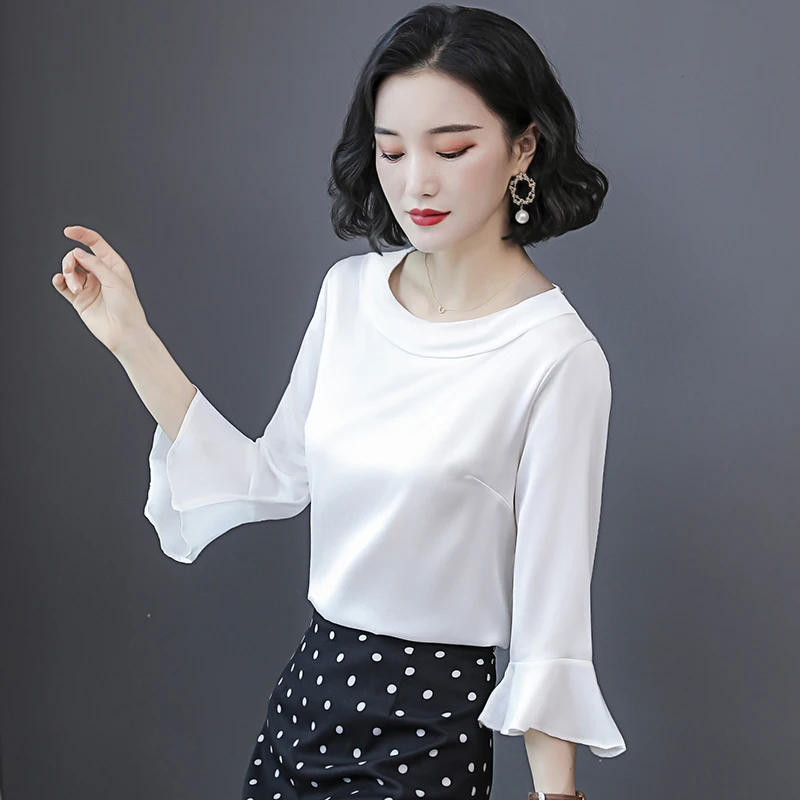 

Korean Silk Women Blouses Shirt Women Satin Silk Shirt Women Flare Sleeve Silk Blouse Tops Loose Blusas Mujer De Moda