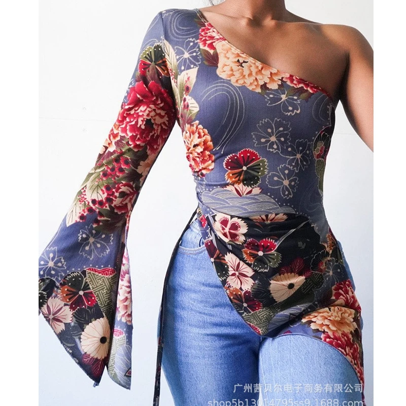 

Floral Print Women Tshirts Shirts Tops Summer Slim One Shoulder Long Sleeve Streetwear Oblique Shoulder Printed Top