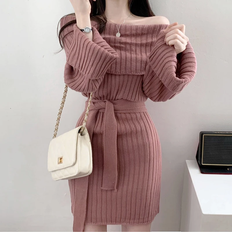 Onalippa 2021 Autumn Women Temperament Retro French One-Neck Off-Shoulder Pit Strip Lace-Up Waist Slimming Knitted Bag Hip Dress | Женская