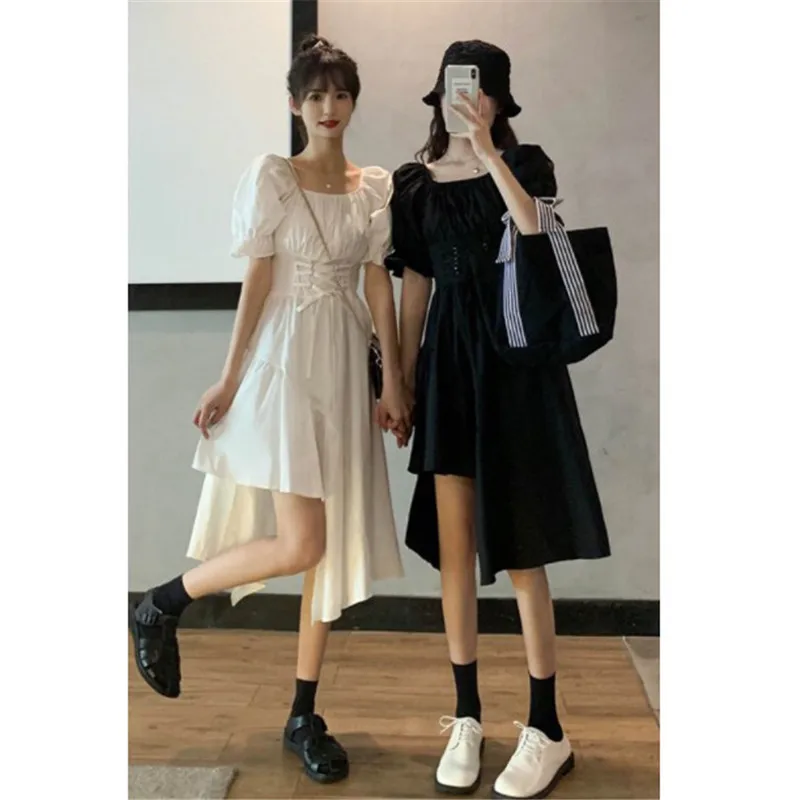

Women's summer new design irregular waist closing first love dress student bubble sleeve sweet cool skirt black strap female