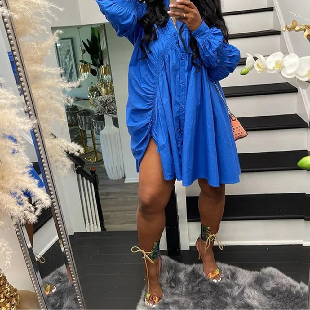

V-neck Loose Casual Dress for Women Long Sleeve Single-breasted Pleated Mini Dress Fashion Big Size Ladies Outfits New Arrivals