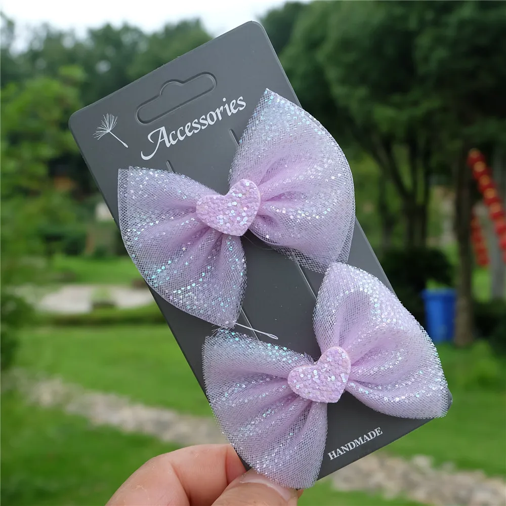 

2pcs/set Girls' Colored Yarn Bows Hair Clip Kids Hairpin Shiny Heart Barrettes Princess Headwear Children Hair Accessorie Fasion