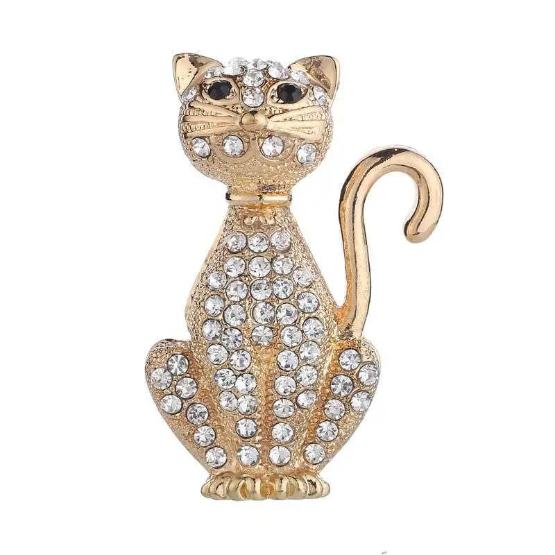 Animal Cat Alloy Brooches 47*33mm Gold Tone Plated Rhinestone Crystal Jewelry Garment Ornament Women Scarf Brooch Clip Pins 3pcs | Украшения