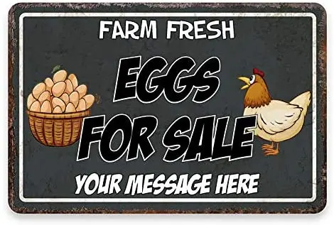 

Personalized Farm Chicken House Metal Sign Custom Name Fresh Egg Sale Market Supermarket Wall Decoration Plaque Sign 8x12 Inches