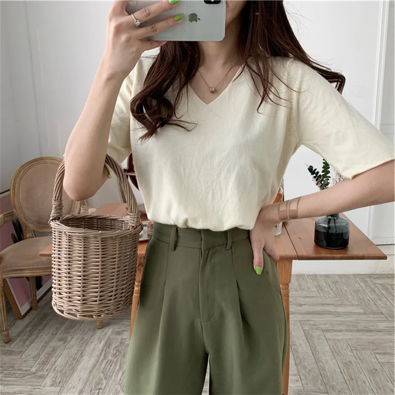 Korean knit solid color short-sleeve ice silk T-shirt Women Tops 2020 Summer T Shirt for Black White Shirts tops | Женская одежда