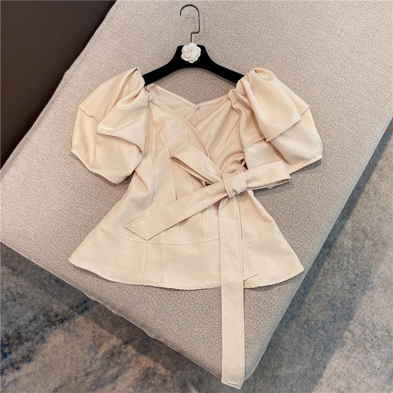 

2021 Summer New Retro Puff Short Sleeve Shirt for Women Lace Bow Slim Waist V-neck Blouse Female Slim Tops Blusas Para Mujer