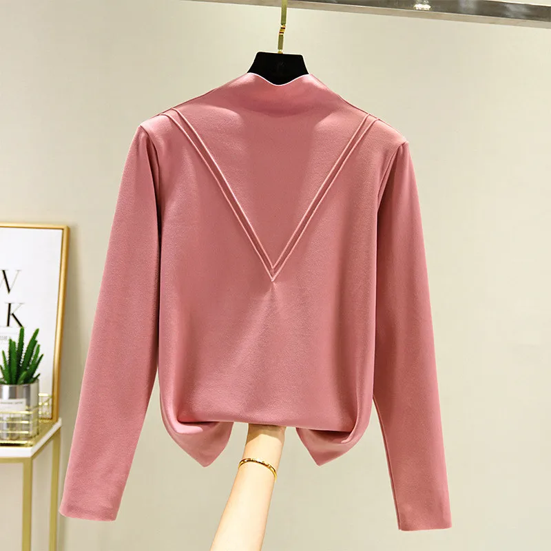 

Зима 2020 новая Корейская версия двойной треугольник половина высокий воротник Повседневная футболка с длинным рукавом женская зимняя одежд...