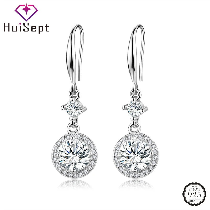 

HuiSept Fashion 925 Silver Jewelry Earrings Round Shape Zircon Gemstones Drop Earring for Women Wedding Engagement Accessories