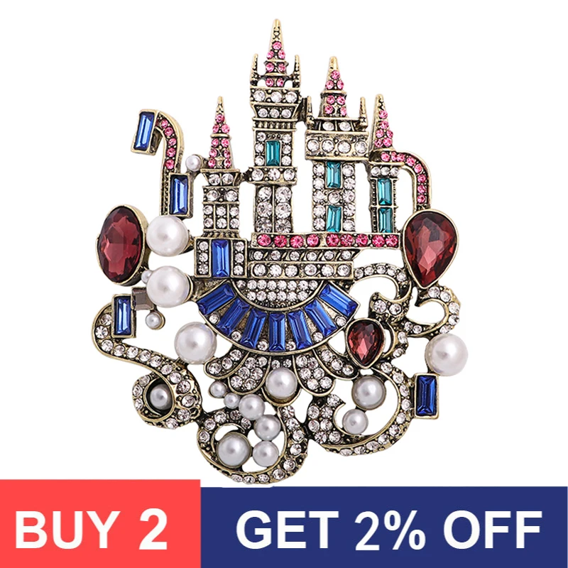 

Big Rhinestone Castle Brooches for Women Designer 3-color Vintage Romantic Palace Party Banquet Brooch Pin Gifts