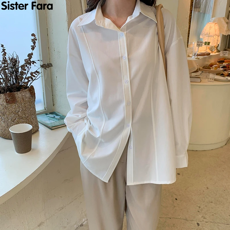 

Sister Fara New Spring 2021 Solid Turn-down Collar Shirt for Women Long Sleeve Single Breasted Blouse Female Loose Casual Shirts