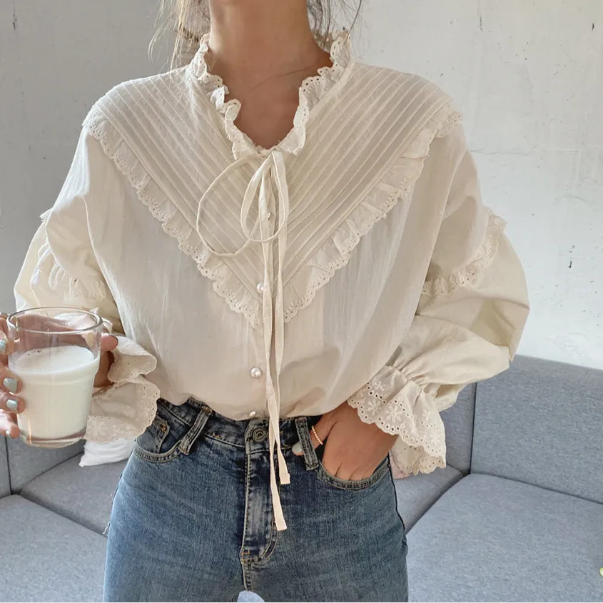 

2021 New Arrival Hollow Out Vintage Elegant Tops Women Shirt Solid Long Sleeve Korean Style Loose Blouses Blusas
