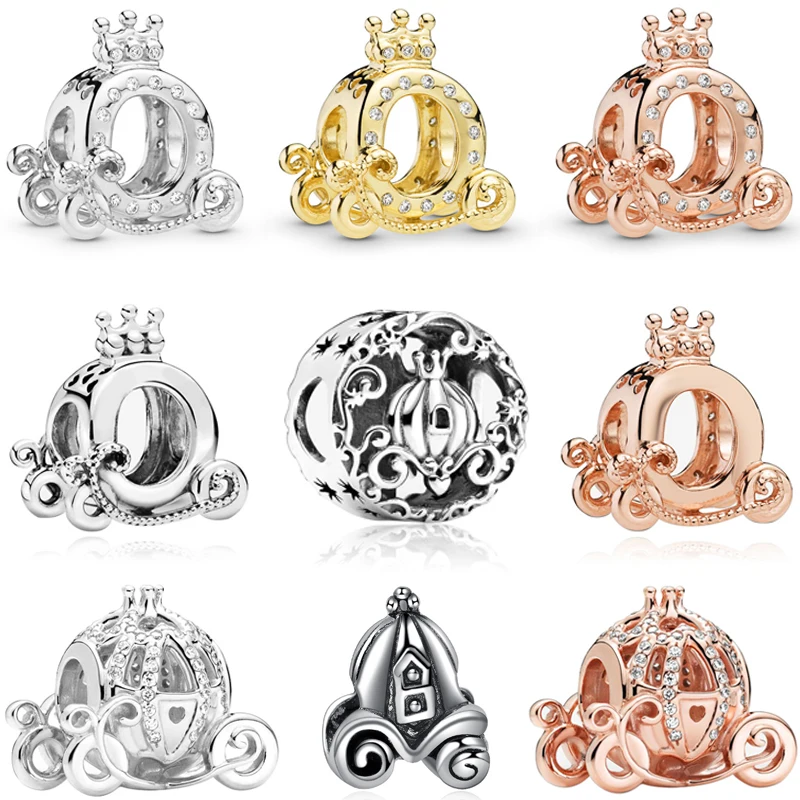  Fit Original Pandora Charms Bracelet Women Cartoon Rose Silver Color Crown O Cinderella Pumpkin Car Beads for Jewelry Making DIY