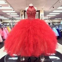 gorgeous red quinceanera dresses ball gown sexy halter neck sleeveless tulle ruffles luxury beaded formal debut gowns for 15
