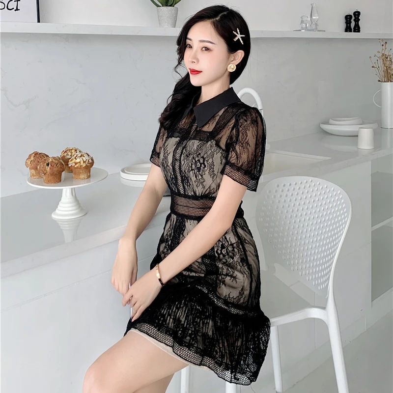 

Elegant Lace Patchwork Dress For Women High Waist Short Mini Dresses Female Party Night Club Women Dresses