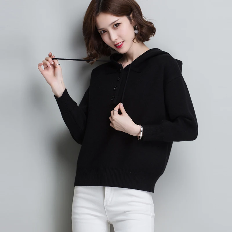 Fashion Hooded Sweater Female Solid Color Knitted Long Sleeve Pullovers Tops Women Spring New Casual Large Size Loose Sweater