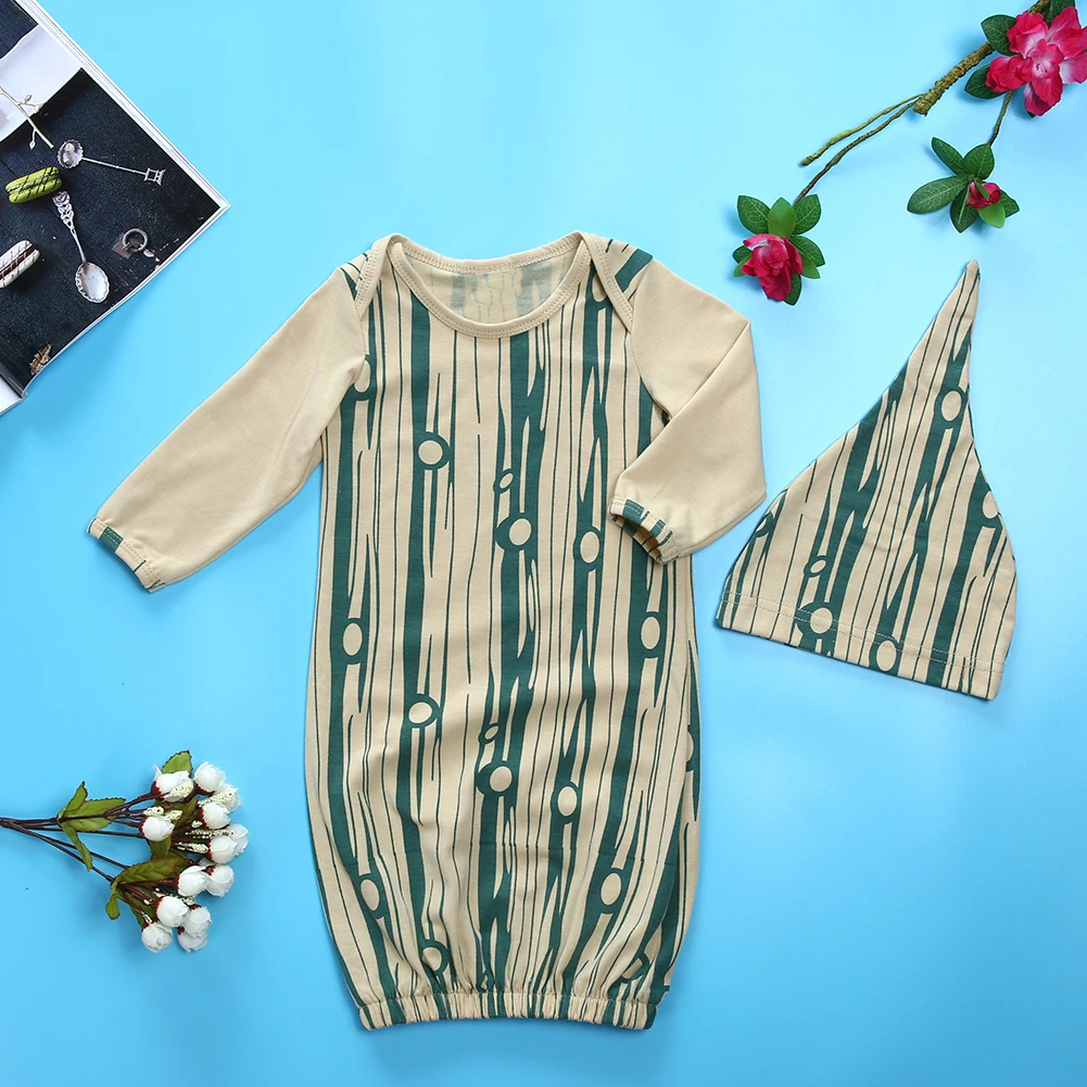 

2021 Baby Nightgowns Newborn Baby Girl Clothes Full Sleeve Baby Boy Clothes 2pcs Set Hat+striped Sleepwear Cotton Casual Pajamas