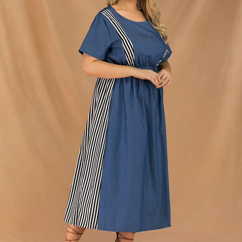 Summer Round Neck Short Sleeve Stitching Striped Elastic Waist Dress Plus Size Women Clothes Stripe Splicing Hedging Long Dress