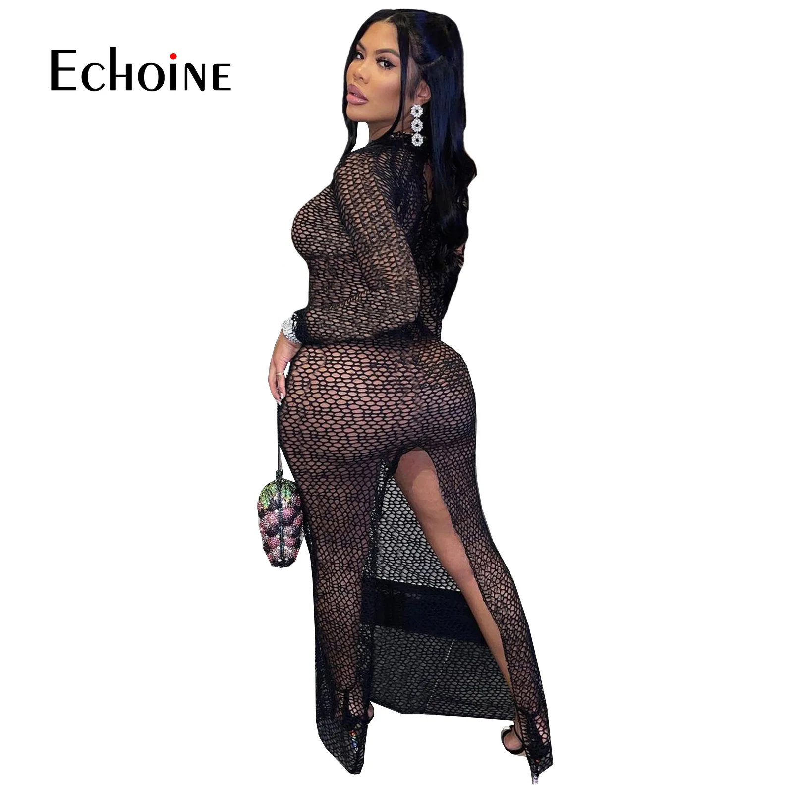 Соблазнительное черное Сетчатое Прозрачное платье-макси ecoine женское блестящее