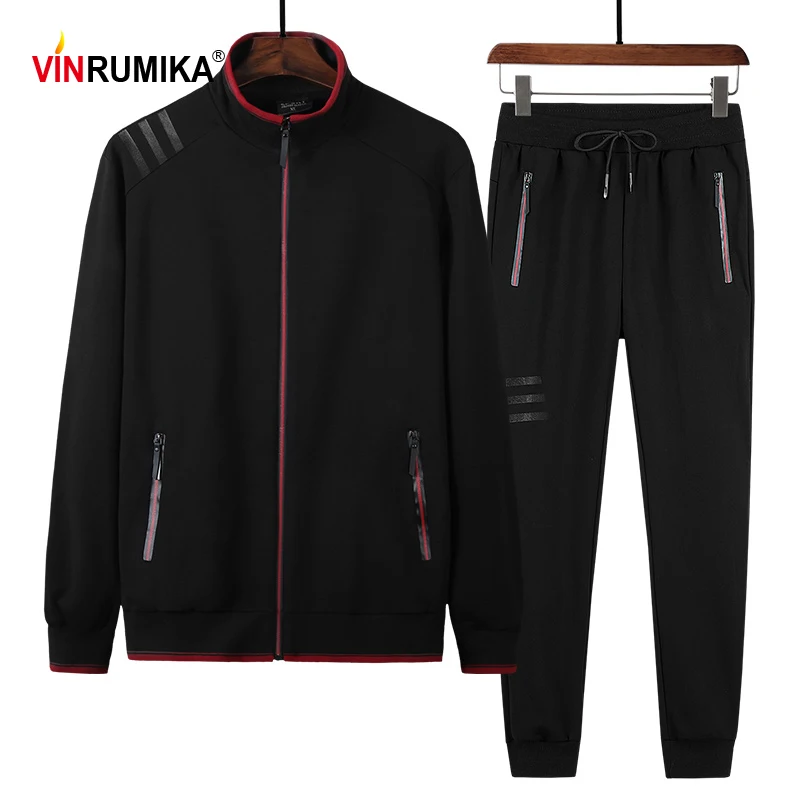 Super Large Size L-8XL Men's Black Sportswear Set Spring Autumn Man Sports Casual O-neck Navy Jackets Coats Trousers 6XL 7XL 8XL