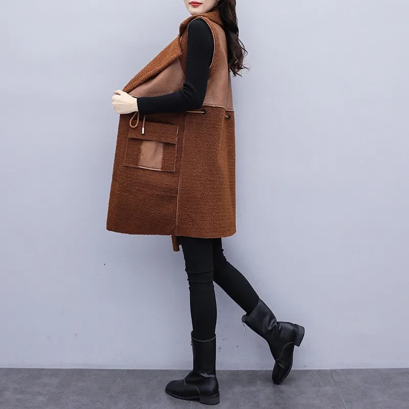 Женский жилет средней длины из искусственной кожи без рукавов | Женская одежда