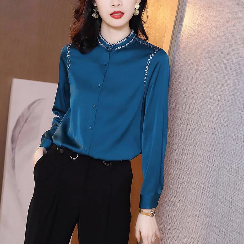 

2020 Spring Fall Womens Rhinestone Full Sleeve Blue Imitation Silk Blouse Top Shirt , Women 3xl Elegant Beading Shirts Blouses