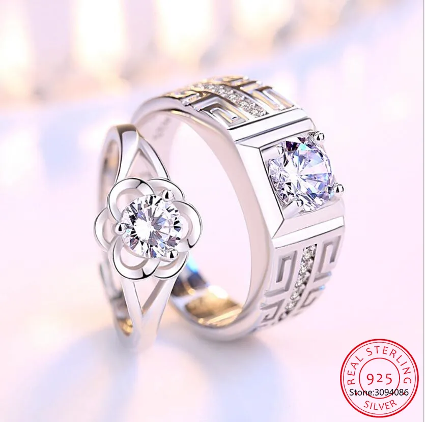 

925 sterling silver new jewelry high quality fashion couple ring flower type cubic zirconia size adjustable woman man ring